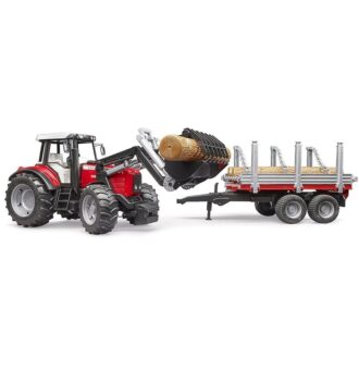 BRUDER - TRACTOR MASSEY FERGUSON 7480 CU INCARCATOR FRONTAL SI REMORCA PENTRU LEMNE-Vehicule Originale Bruder-BR02046