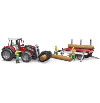 BRUDER - TRACTOR MASSEY FERGUSON 7480 CU INCARCATOR FRONTAL SI REMORCA PENTRU LEMNE-Vehicule Originale Bruder-BR02046