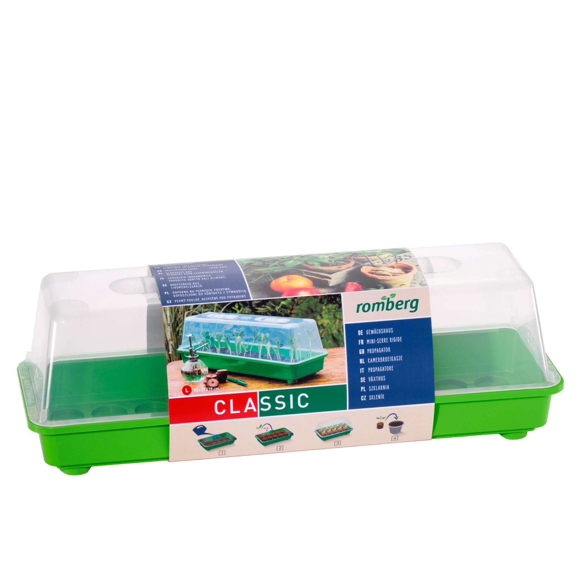 Seră de cameră L - vedere principală Seră mică de cameră L Romberg - sistem clasic de germinare cu 33 tablete cocos pentru pervaz
