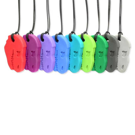 ARK Dino-Bite colier de masticație senzorială cu pandantiv în formă de T-Rex, disponibil în 13 culori și 3 niveluri de rezistență, fabricat în SUA de ARK Therapeutic